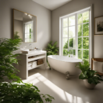 An image showcasing a serene bathroom with sunlight streaming through a window, illuminating a sparkling clean bathtub surrounded by lush green plants