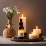 An image showcasing a serene spa setting with a diffuser emitting fragrant mist, surrounded by various essential oils, gentle candlelight casting a warm glow, and a person peacefully inhaling the soothing aroma