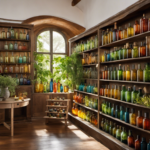 An image of a serene, sunlit room filled with shelves of colorful glass bottles, overflowing with fragrant botanicals