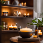 An image showcasing a serene spa setting, with soft, diffused lighting and shelves lined with various essential oils