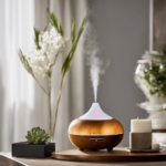 An image capturing the perfect balance of a serene living room, featuring an aromatic diffuser filling the air with a gentle mist