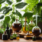 An image showcasing a variety of aromatherapy diffusers in different shapes, sizes, and materials, arranged on a wooden shelf against a backdrop of lush green plants, providing a visually appealing guide on how to select the perfect diffuser