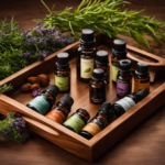 An image showcasing a serene setting with an assortment of aromatic essential oils beautifully displayed on a wooden tray