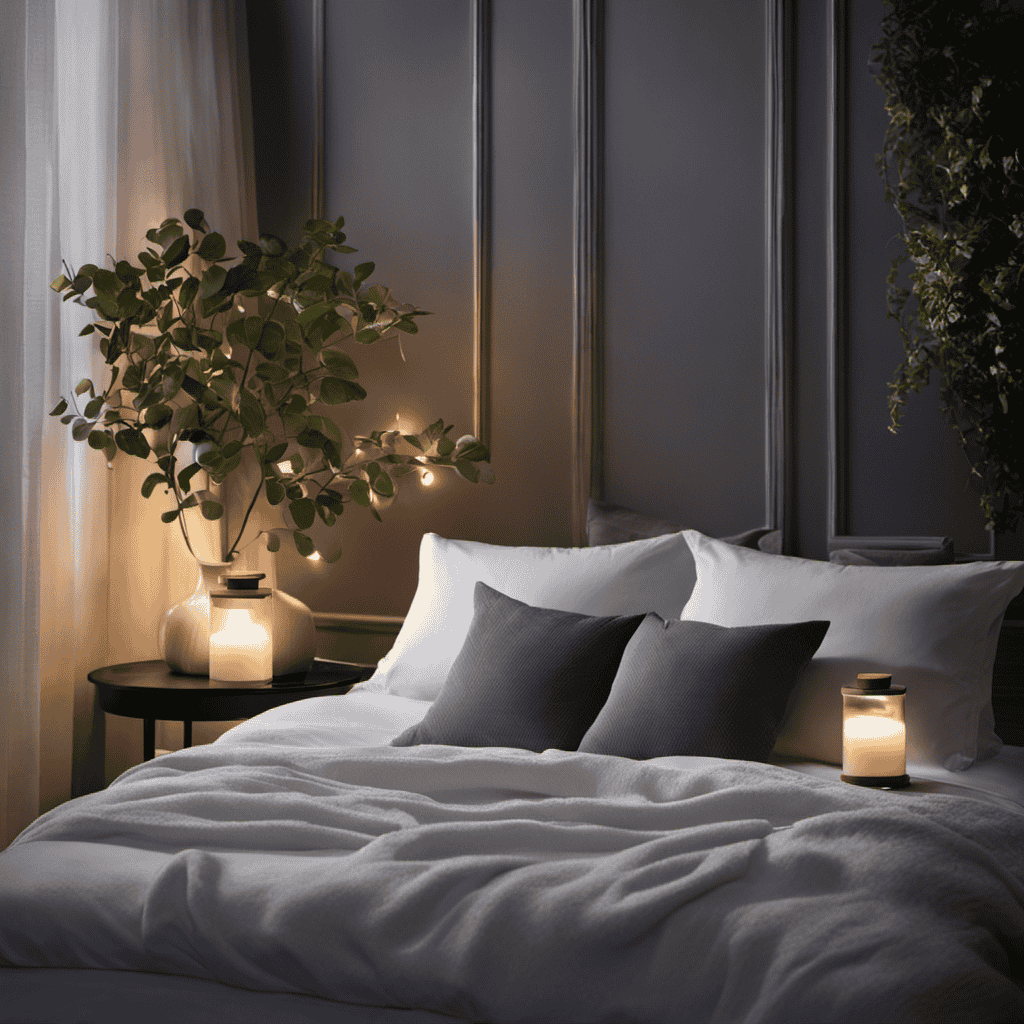 An image showcasing a serene bedroom scene at night, with a person peacefully sleeping on a fluffy pillow