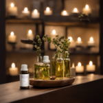 An image illustrating a serene, dimly-lit room adorned with shelves of aromatic essential oils, a soft diffuser emitting a comforting mist, and a tranquil individual gently inhaling the fragrant vapors