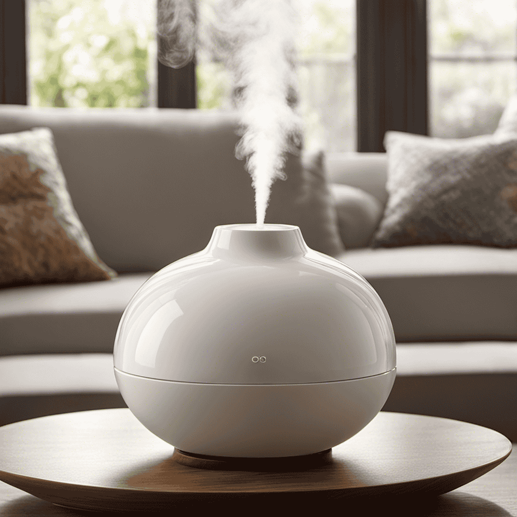 An image showcasing a serene living room with soft natural lighting, where a delicate ceramic diffuser stands atop a wooden table, releasing wisps of fragrant mist that gracefully fill the air