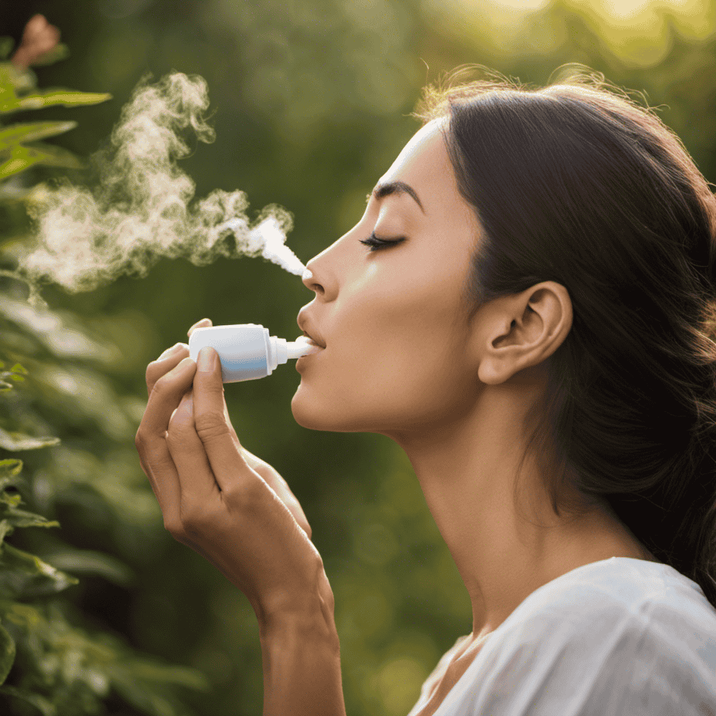 An image showcasing a serene setting: a person holding an aromatherapy inhaler to their nose, inhaling deeply, with gentle wisps of aromatic vapor surrounding them