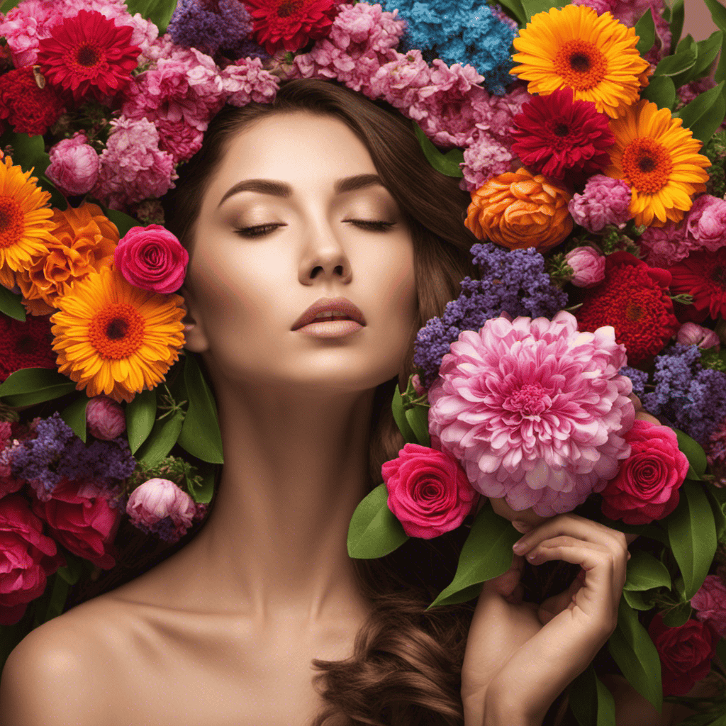 An image that showcases a person holding a bouquet of vibrant flowers, surrounded by aromatic essential oils, with a disappointed expression on their face, highlighting the frustration of aromatherapy's inefficacy for individuals with no sense of smell