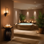 An image of a serene, dimly lit spa room with soft, pastel-colored walls
