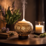An image showcasing a serene scene: a dimly lit room with soft, warm lighting, an intricately designed ceramic diffuser releasing fragrant wisps of clary sage, and a person peacefully inhaling the aromatic essence