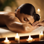 An image showcasing a person lying on a massage table, wincing with pain as a masseuse applies fragrant oils to their sore muscles, depicting the discomfort of an aromatherapy massage when sore