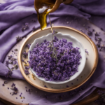  the essence of relief: Depict a serene scene of a hand delicately pouring a stream of calming lavender aromatherapy oil onto a trembling spoon, amidst a backdrop of scattered crumbs and a plate