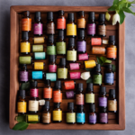 An image showcasing an array of vibrant, carefully selected aromatherapy oils beautifully arranged on a wooden tray