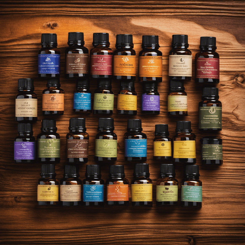 An image showcasing an array of aromatic essential oils, neatly arranged on a wooden tabletop