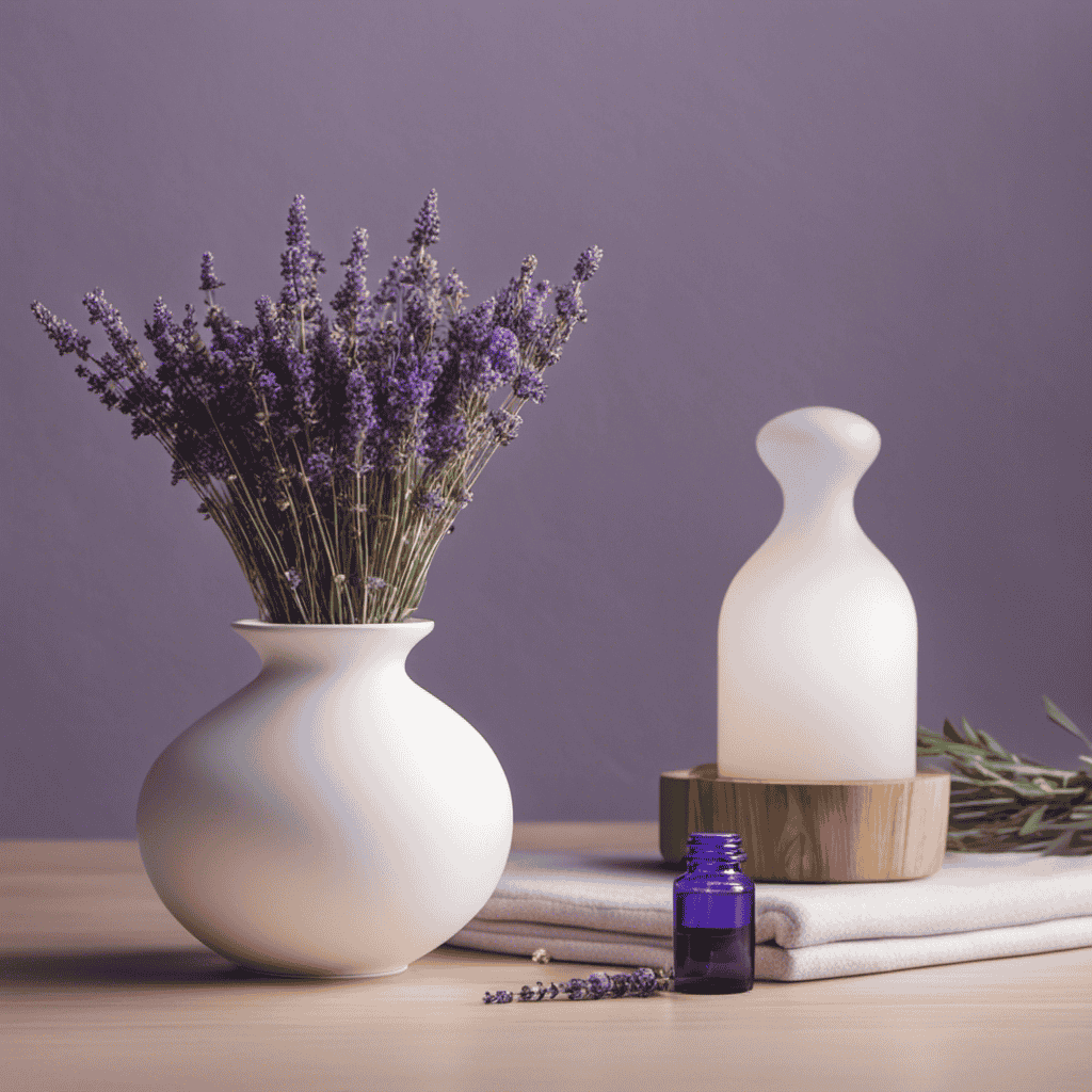 An image showcasing a serene, minimalist bedroom adorned with essential oil diffusers emitting fragrant tendrils of lavender, eucalyptus, and chamomile, illustrating the essence of Aromatherapy Reddit How To