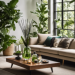 An image showcasing a serene living room bathed in soft natural light, with a beautifully designed aromatherapy reed diffuser placed on a sleek coffee table, surrounded by lush green plants