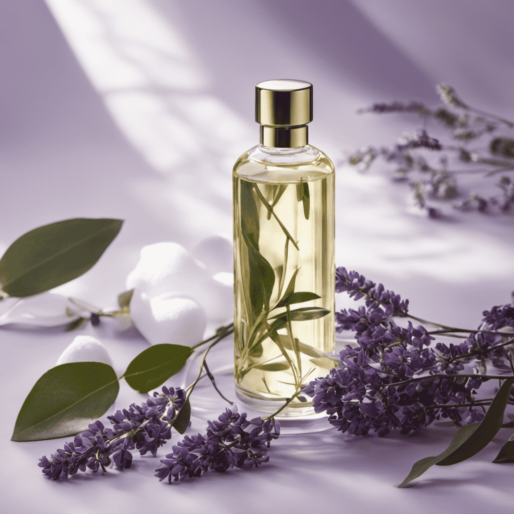 An image showcasing a serene spa setting, with gentle sunlight filtering through a leafy eucalyptus branch, casting a delicate shadow on a lavender-scented massage oil bottle, evoking relaxation, stress relief, and mental clarity