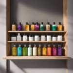 An image showcasing a serene bathroom scene, featuring a stylish shelf filled with an array of colorful, beautifully labeled bottles of aromatherapy shampoo