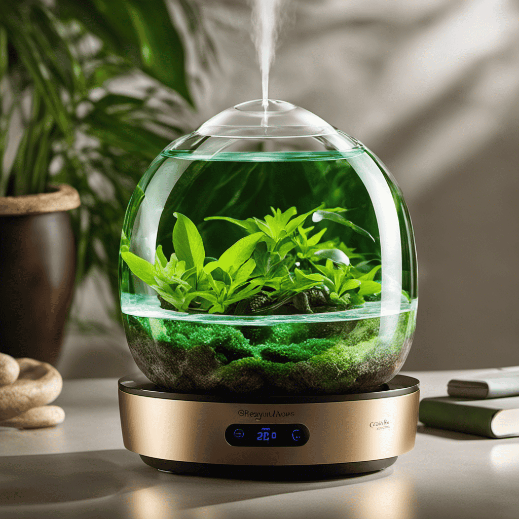 An image capturing the essence of a tranquil aromatherapy vaporizer: a delicate stream of water silently trickling from a serene fountain, releasing gentle vapors that permeate the air, soothing the senses