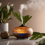 An image showcasing a serene spa-like setting: a diffuser emitting delicate wisps of aromatic vapor, surrounded by a symphony of vibrant botanicals, evoking a sense of tranquility and relaxation