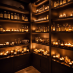 An image showcasing the soothing power of aromatherapy: A serene, dimly lit spa room with flickering candles, filled with shelves of neatly organized glass bottles containing various essential oils, each labeled with their corresponding therapeutic benefits
