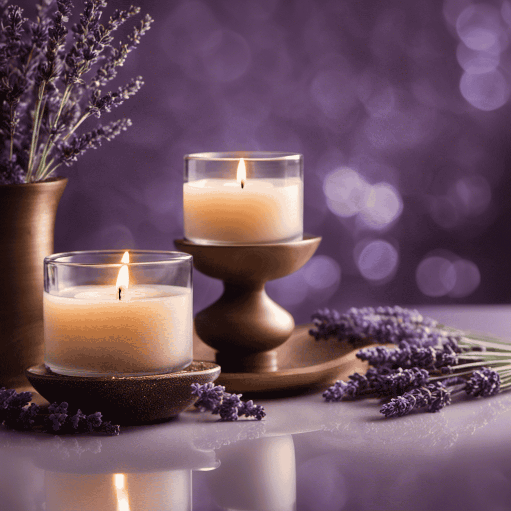 An image capturing the essence of aromatherapy's impact on stress hormone cortisol: A serene, dimly lit room with a delicate mist of lavender-scented vapor swirling around a tranquil individual, evoking a sense of calm and relaxation