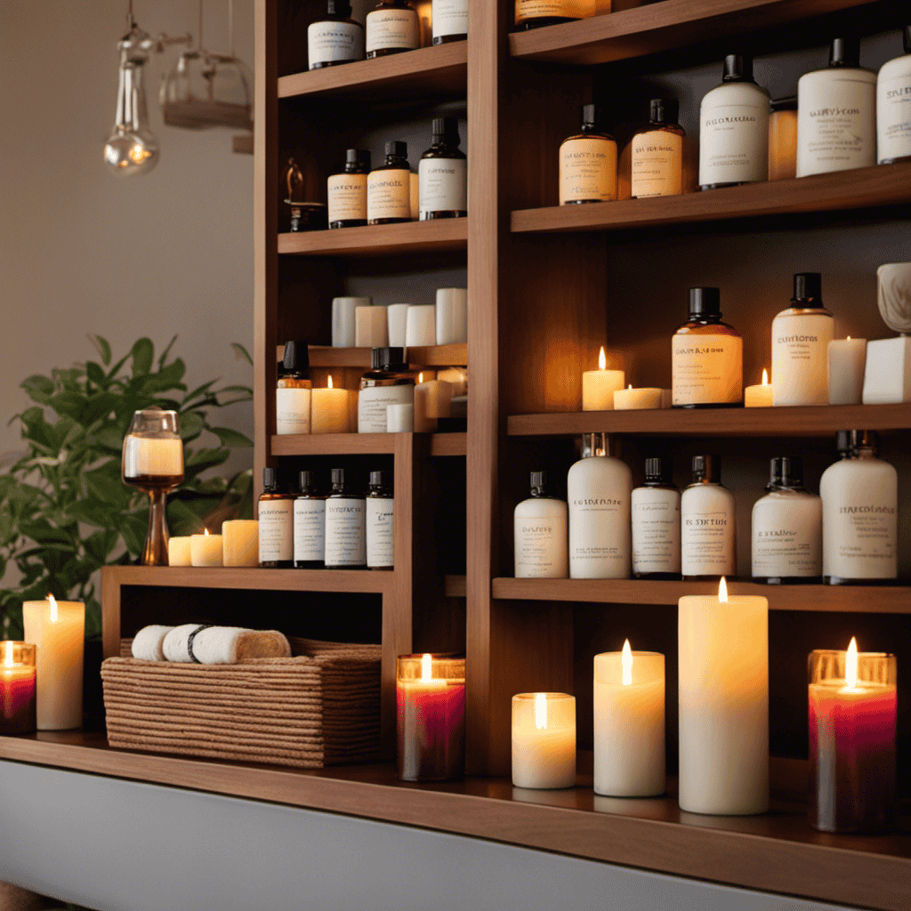 An image of a serene spa setting with flickering candles casting a soft glow, surrounded by shelves of colorful essential oil bottles, evoking a sense of tranquility and relaxation