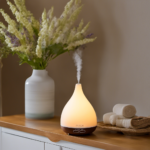 An image showcasing the Aura Cacia Aromatherapy Mist Ultrasonic Room Diffuser in action: a tranquil room filled with soft ambient lighting, gently diffused mist delicately swirling and dispersing soothing aromas