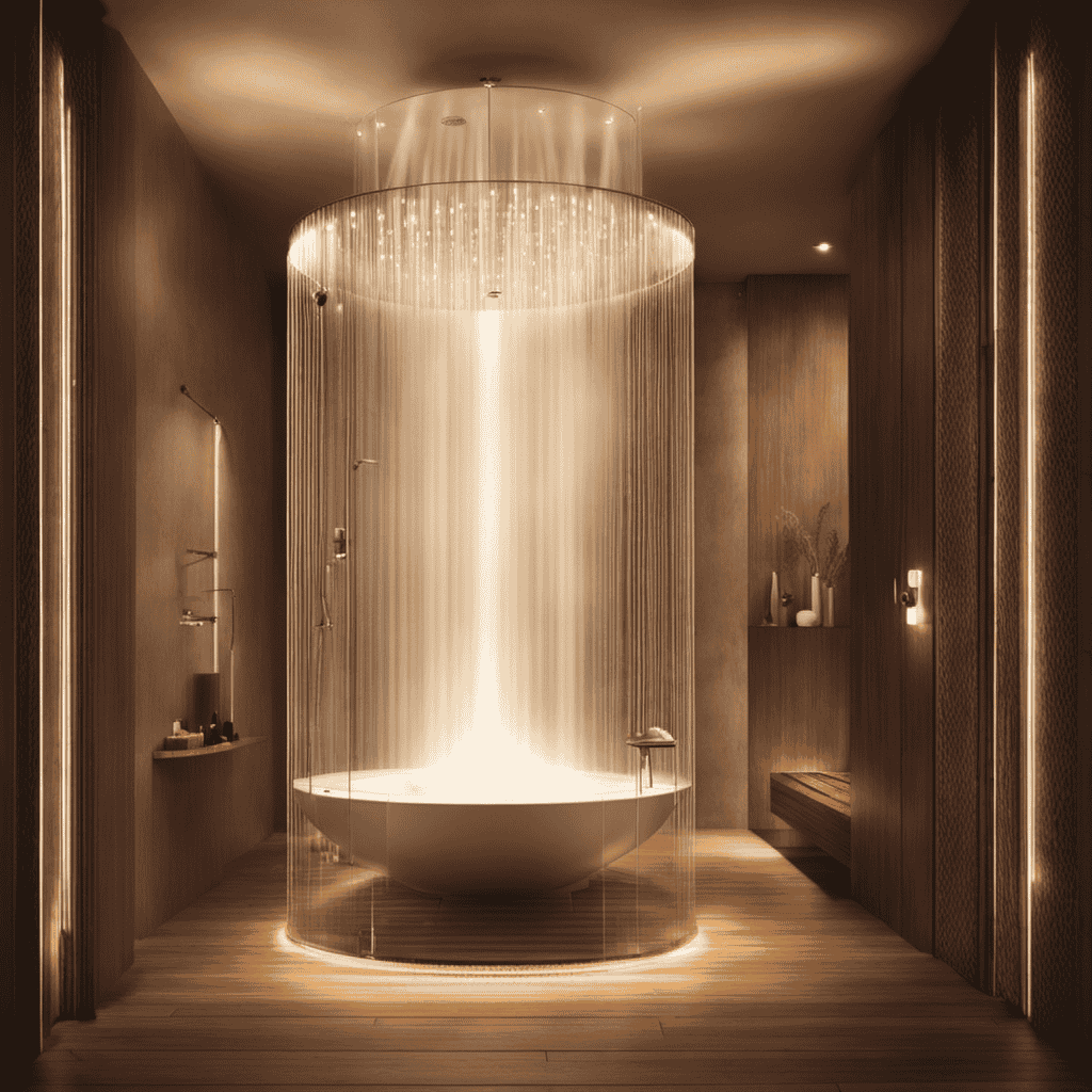 An image that showcases a serene steam shower enveloped in mist, with vibrant aromatherapy oils delicately suspended in the air