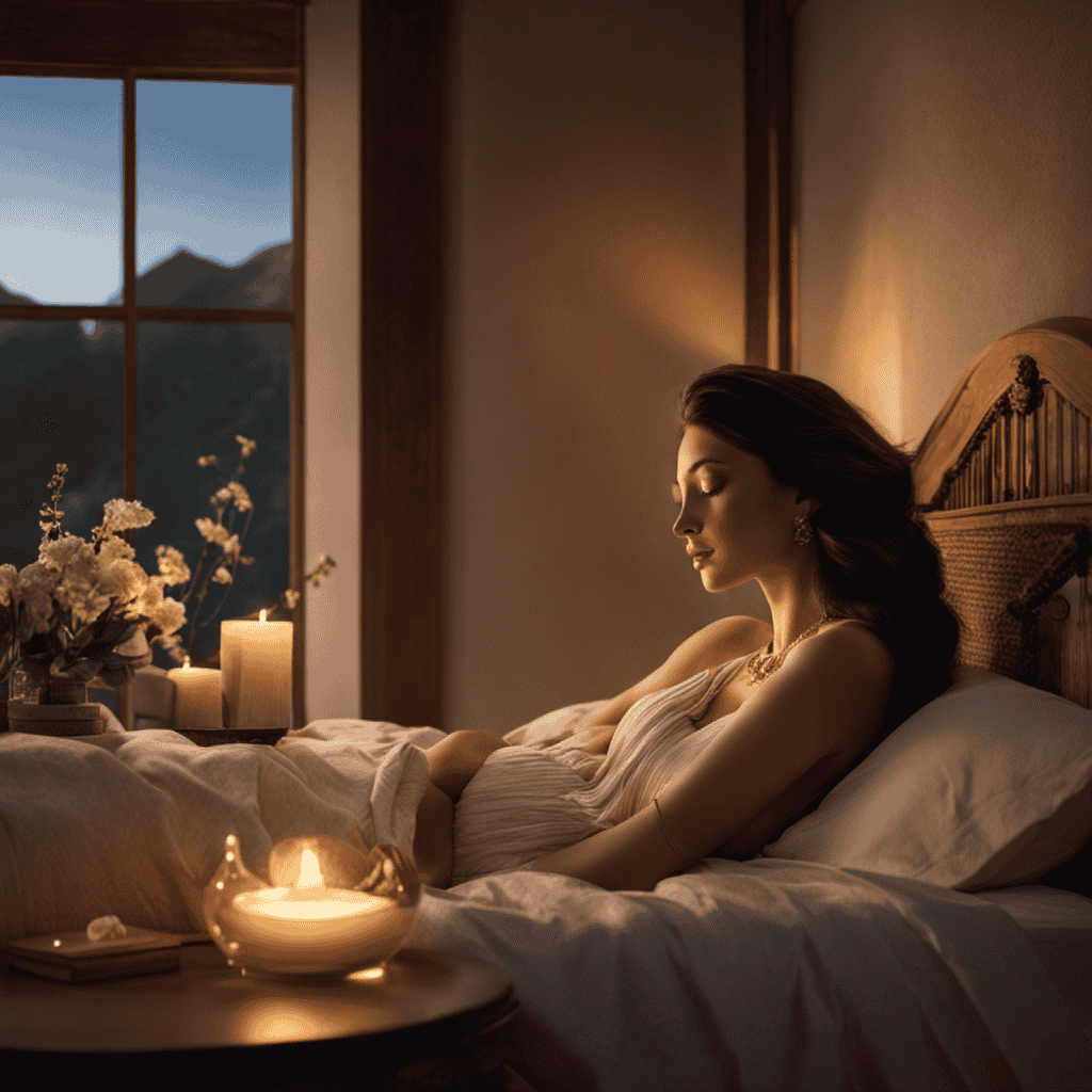 An image showcasing a serene bedroom scene with a woman wearing an aromatherapy necklace, peacefully asleep on a bed