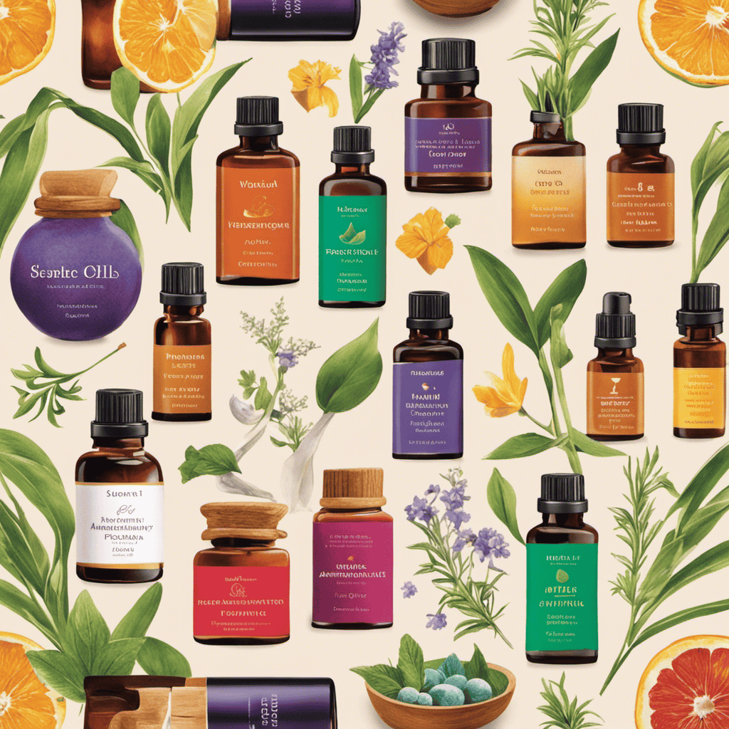 An image showcasing eight vibrant and aromatic essential oils, each surrounded by corresponding objects and scenes that visually represent their unique therapeutic benefits, inviting readers to explore the power of aromatherapy