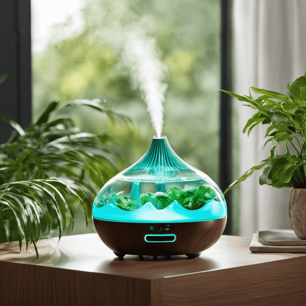 An image that showcases a serene bedroom with a humidifier emitting a delicate mist, surrounded by vibrant green plants