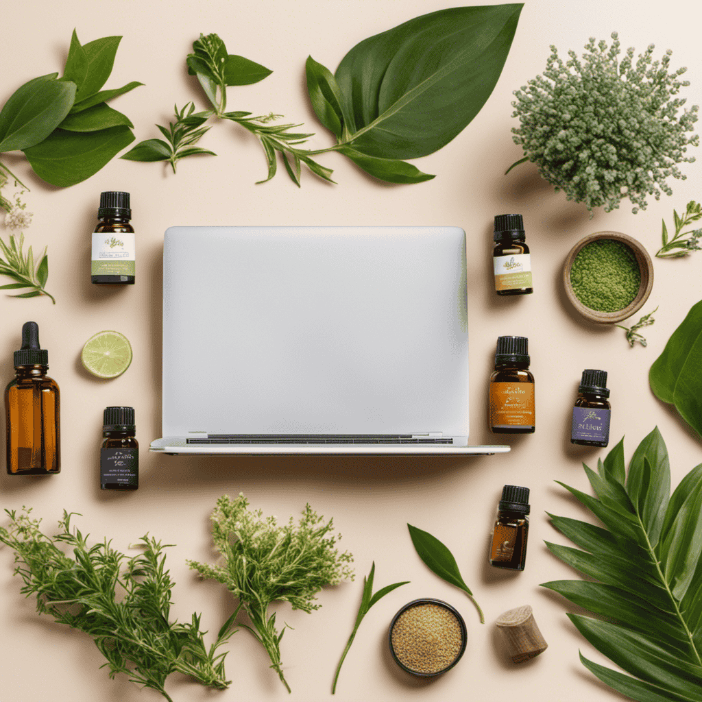An image showcasing a serene and inviting space, adorned with aromatic plants, essential oils, diffusers, and business essentials like a laptop, notebook, and a beautifully designed logo for a natural aromatherapy business