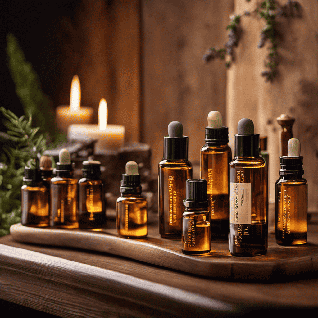 An image featuring an inviting wooden table adorned with a variety of aromatic essential oils, neatly arranged in small amber bottles, accompanied by a diffuser emitting a soft, soothing mist