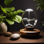 An image showcasing a serene, dimly lit room with a Globe Mini Waterfall placed on a wooden table