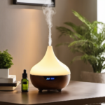 An image that showcases the serene ambiance of a cozy room with soft lighting, where a Hot Box Vaporizer releases aromatic vapor from a bowl filled with carefully selected, vibrant aromatherapy oils