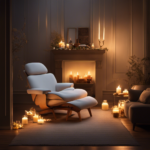 An image of a serene, dimly lit room with a cancer patient resting on a comfortable, plush chair, surrounded by softly flickering candles and a gentle mist of fragrant essential oils filling the air