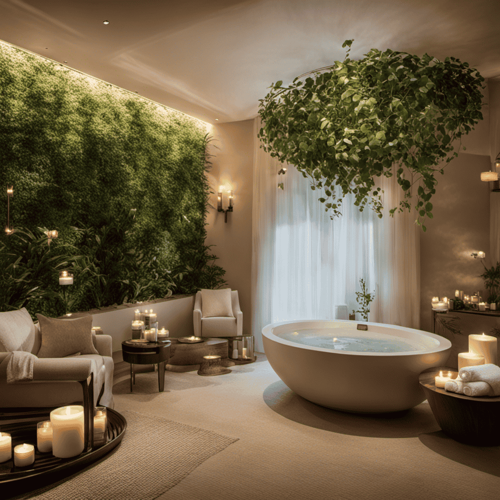 An image showcasing a serene oasis of aromatic bliss: a tranquil spa room adorned with fragrant eucalyptus branches, flickering scented candles, a bubbling essential oil diffuser, and soft, inviting towels