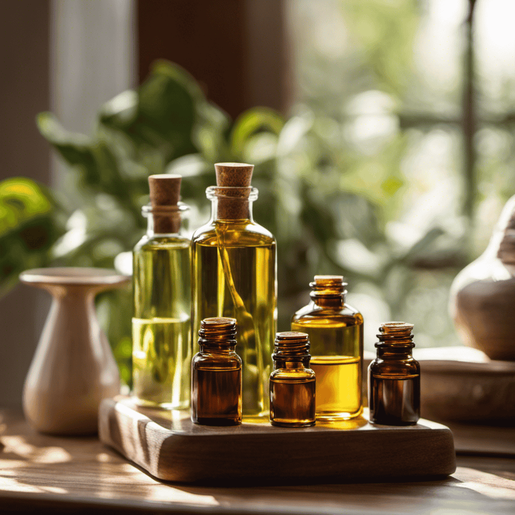 An image showcasing a tranquil setting, with soft, diffused sunlight pouring through a window onto a beautifully arranged display of aromatic essential oils, inviting a peaceful atmosphere for the blog post on the benefits of aromatherapy