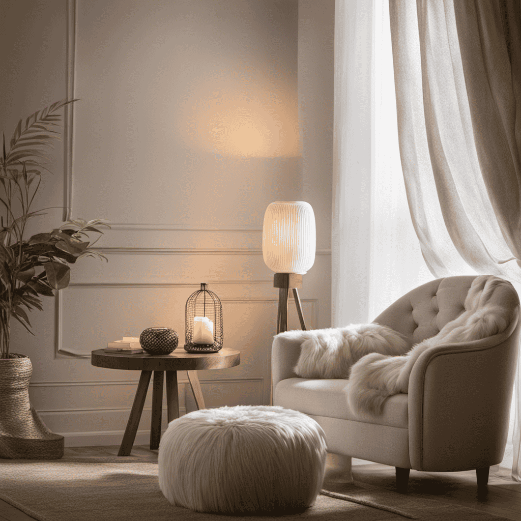 An image showcasing a serene setting – a dimly lit room with soft, diffused light filtering through gauzy curtains, a cozy armchair adorned with a plush blanket, and a delicate aroma diffuser gently releasing aromatic vapors into the air