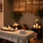 An image showcasing a serene massage room with soft lighting and a cozy massage table adorned with essential oil bottles, towels, and a diffuser emitting a gentle cloud of aromatic mist