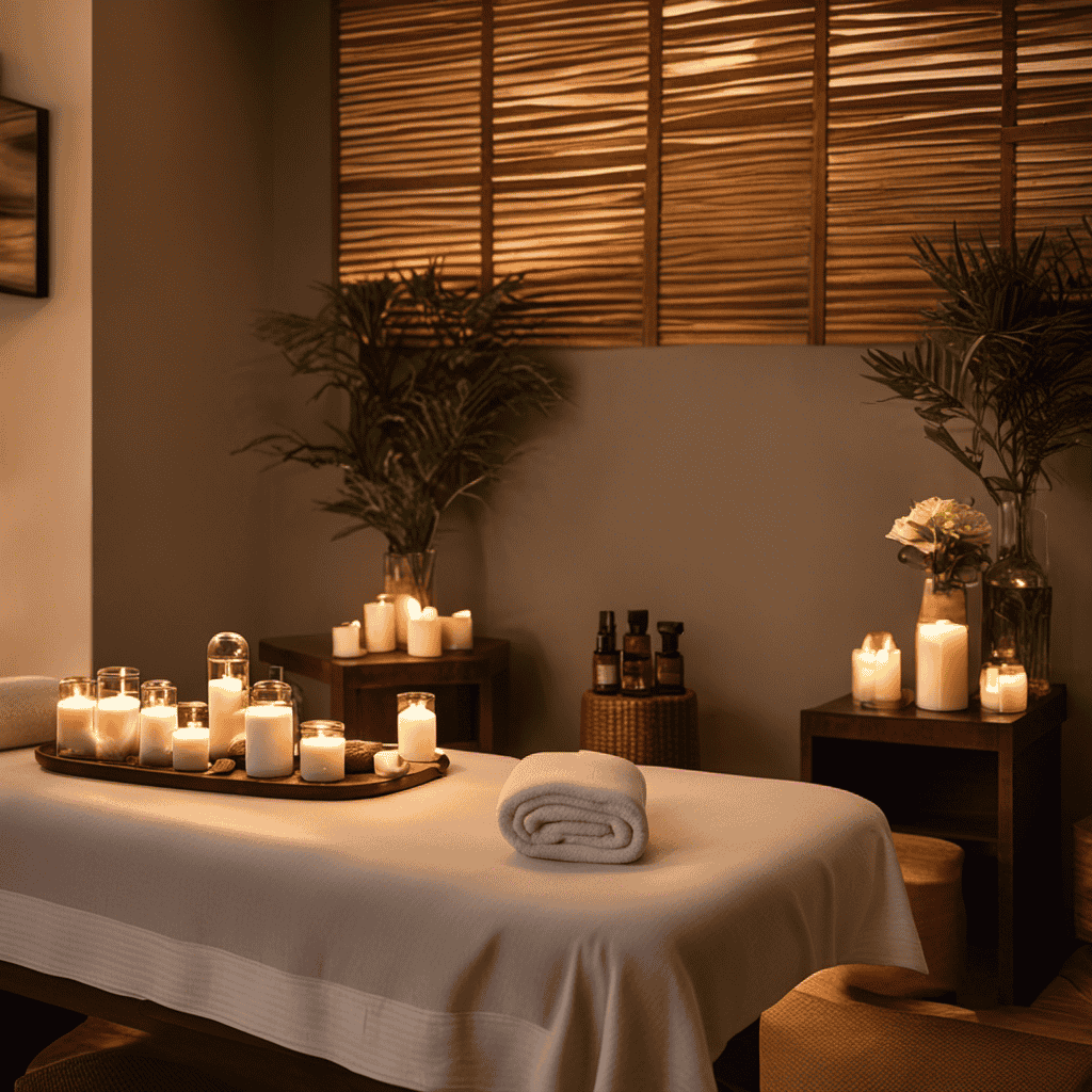 An image showcasing a serene massage room with soft lighting and a cozy massage table adorned with essential oil bottles, towels, and a diffuser emitting a gentle cloud of aromatic mist