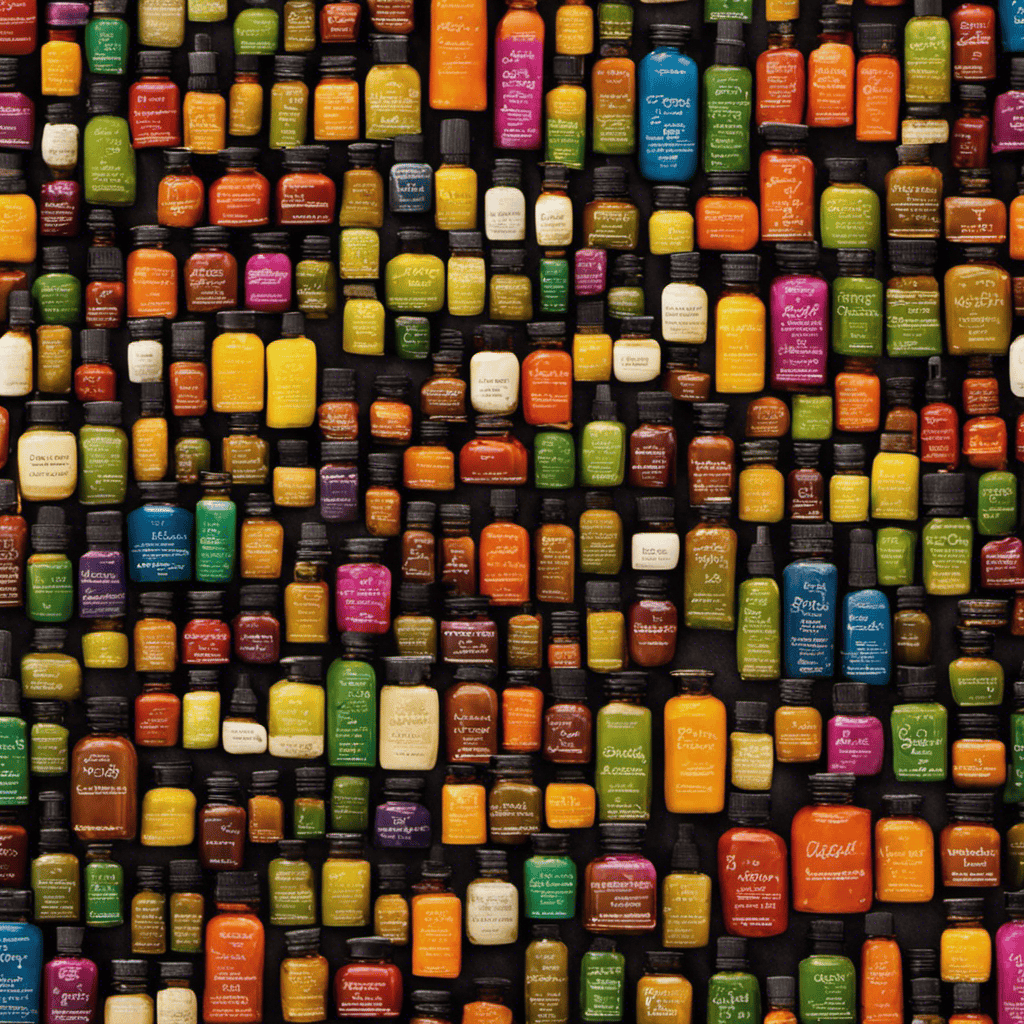 an image depicting a collection of vibrant essential oil bottles, each labeled with a distinct scent, nestled amidst aromatic flowers and herbs