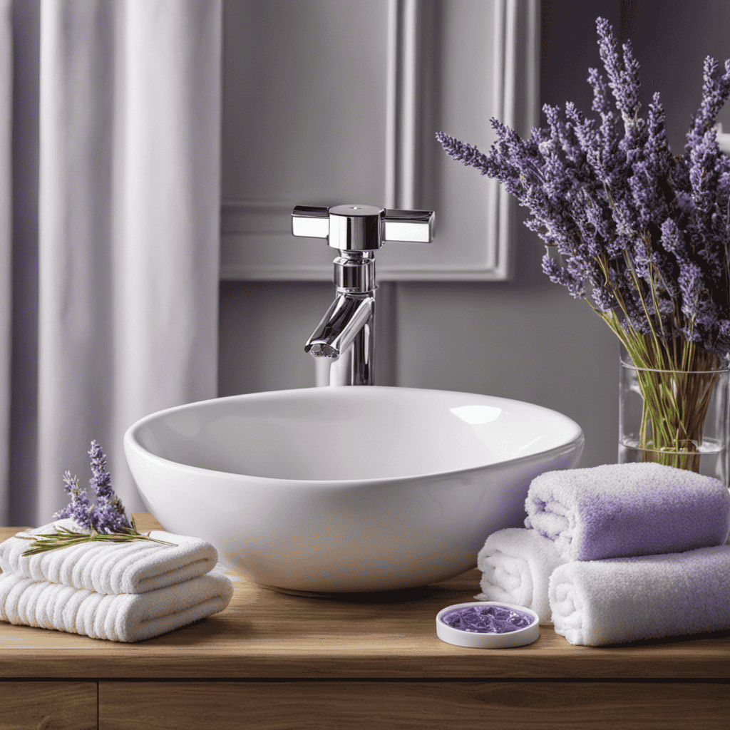 An image showcasing a soothing bathroom scene with a pristine white sink adorned with Bath and Body Aromatherapy Hand Soap, surrounded by soft, fluffy towels and a delicate sprig of lavender