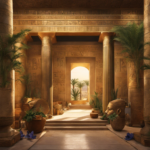 An image depicting a serene ancient Egyptian scene: a sunlit temple adorned with aromatic plants, where priests gather herbs, distill oils, and perform rituals, symbolizing the origins of aromatherapy