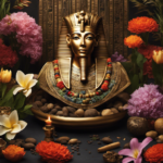 An image featuring an ancient Egyptian pharaoh surrounded by fragrant flowers and herbs, with a delicate stream of scented smoke rising from a censer, symbolizing the origins of aromatherapy