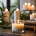 An image showcasing a serene scene of a softly lit room, with a flickering aromatherapy candle emanating gentle waves of fragrant smoke