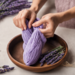 An image showcasing a pair of hands filling a soft, fabric rice sock with fragrant lavender buds