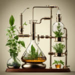 An image showcasing a glass distillation apparatus with a condenser, receiving flask, and thermometer, alongside a selection of aromatic plants