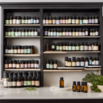 An image featuring a serene, well-lit classroom with shelves lined with neatly organized bottles of essential oils